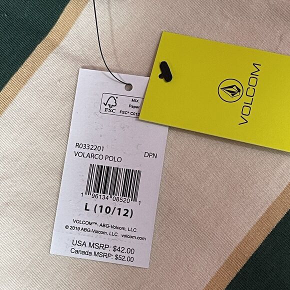 Volcom Volarco Long Sleeve Polo Shirt L 100% Cotton Boxy Striped Cream Green - Picture 7 of 12